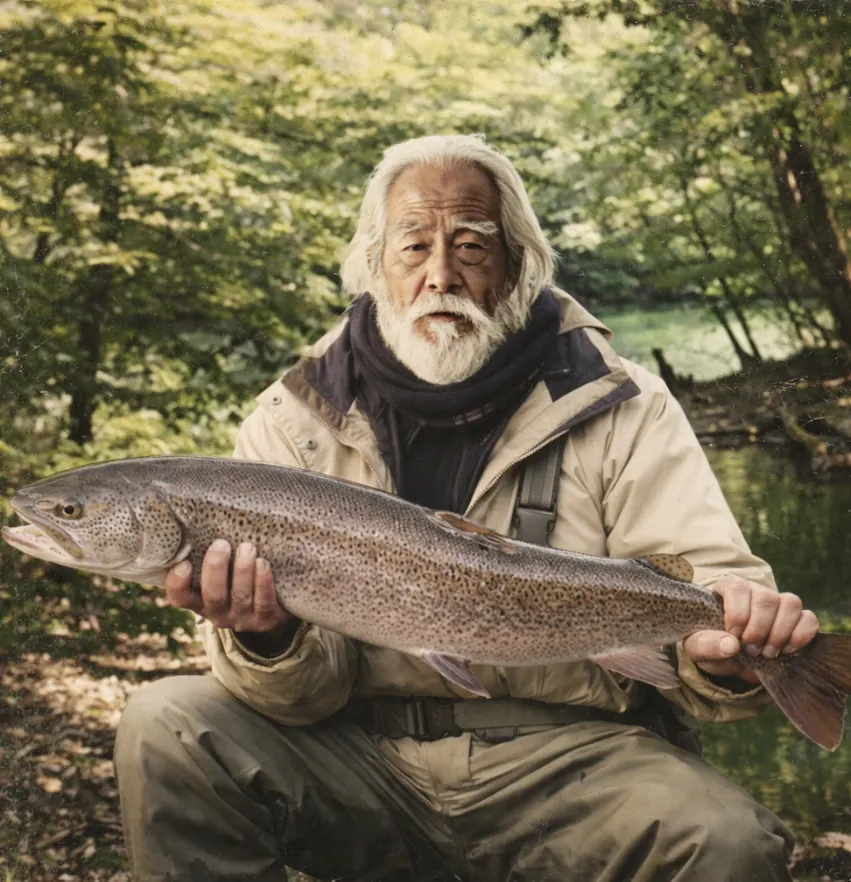 十二湖 王池でイトウの釣果を得た米田.webp